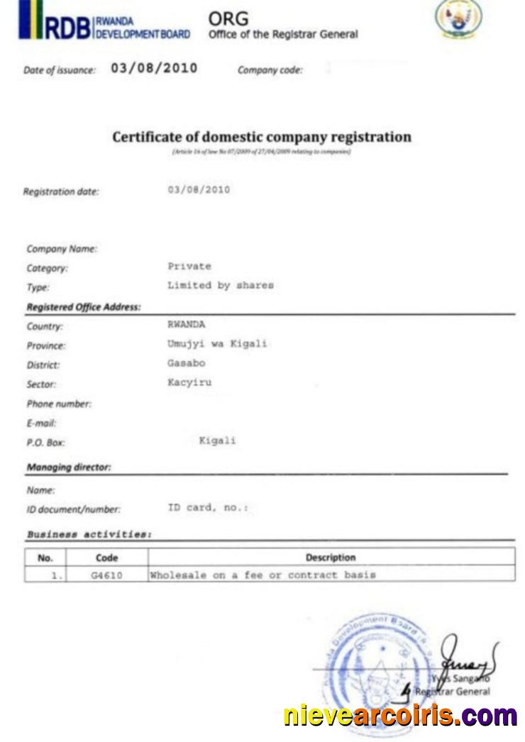 Rwanda Certificate of domestic company registration